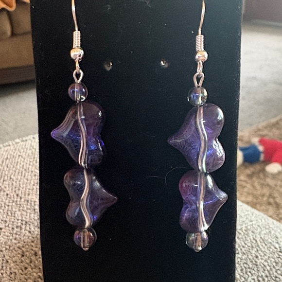 Hand Crafted Jewelry - Hand Crafted Iridescent Purple Glass Dangle Earrings